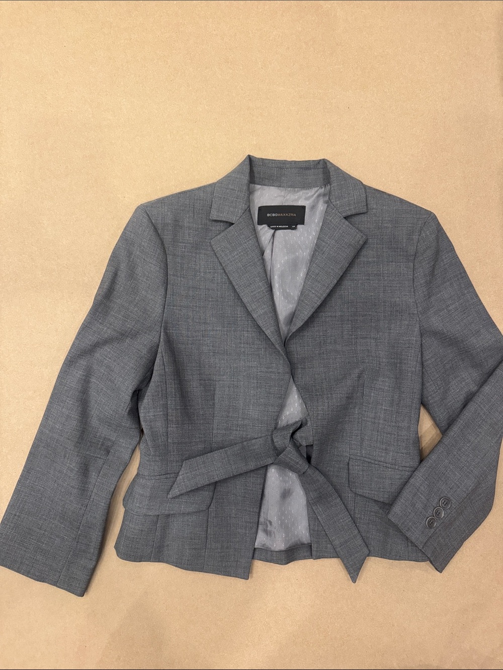 BCBGMaxAzria Gray front tie waist Tailored Blazer